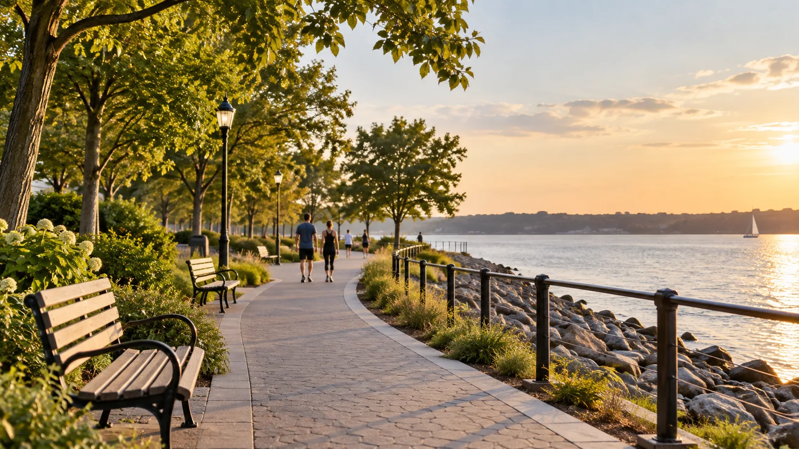 Tree-lined waterfront promenade at sunset with wooden benches, lampposts, a few walkers, and a sailboat on the river.