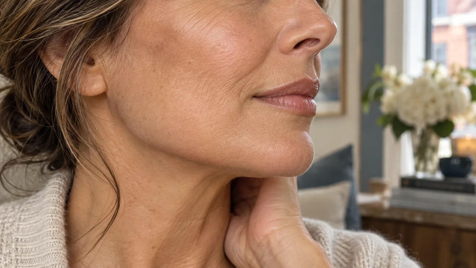 Close-up side profile of a woman in her fifties resting a hand near her jaw, with white flowers blurred behind.