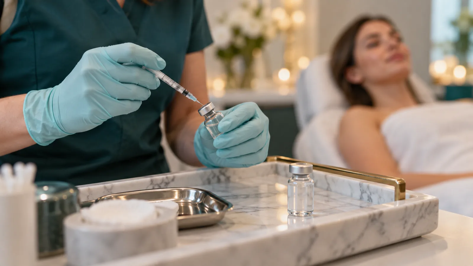 Gloved hands draw liquid from a small vial with a syringe while a client reclines on a treatment bed behind.