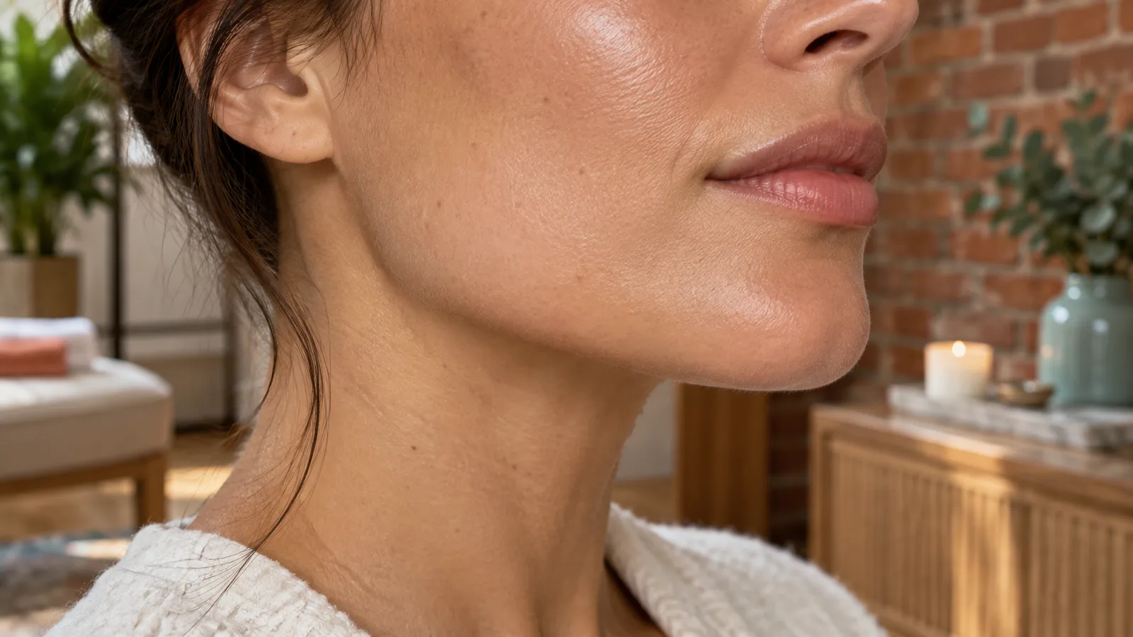 Side view of a woman's lower face and neck in a white robe, with a brick wall and lit candle behind her.