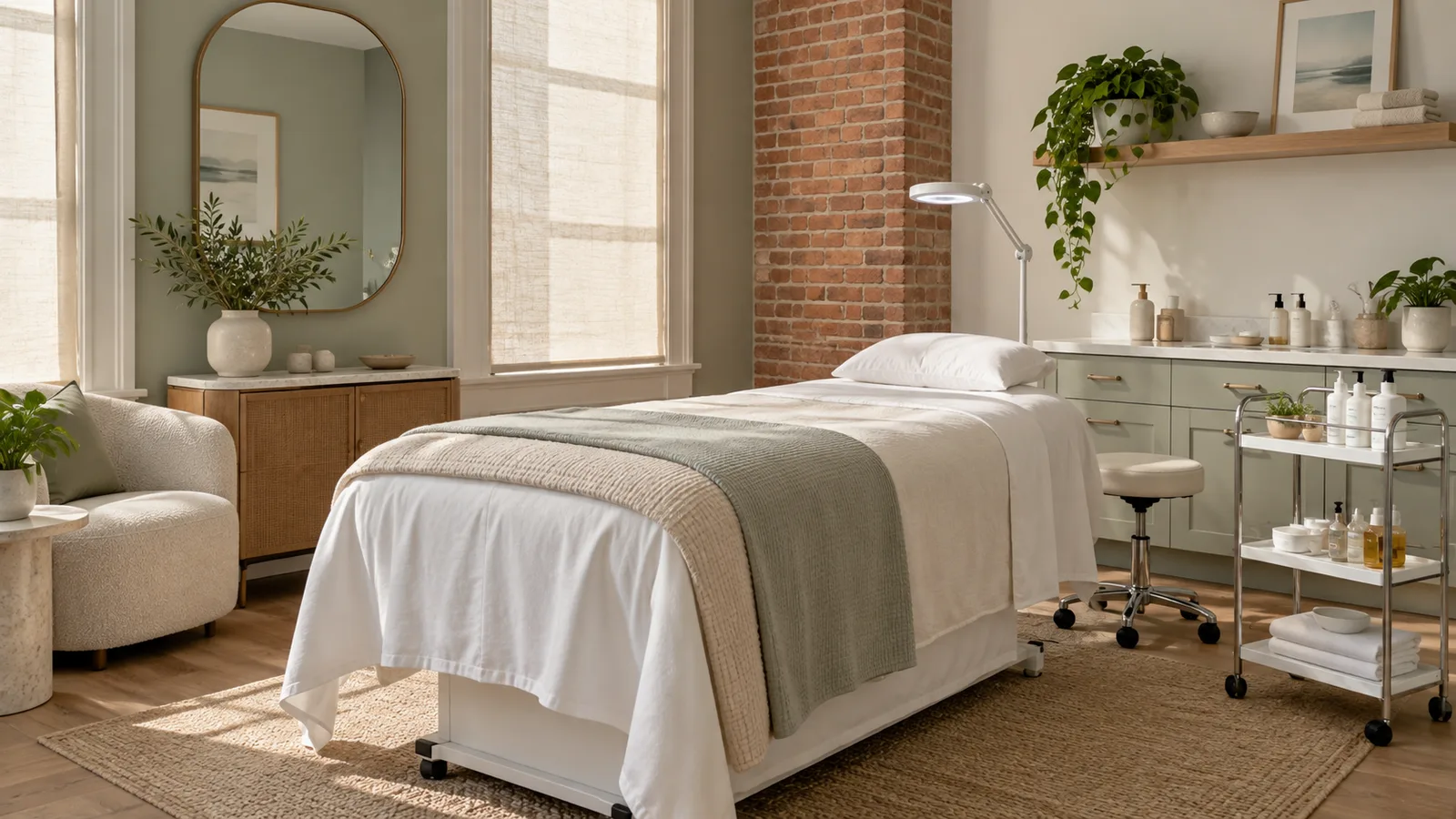 Treatment room with a draped bed, magnifying lamp, rolling cart of products, and an exposed brick column.