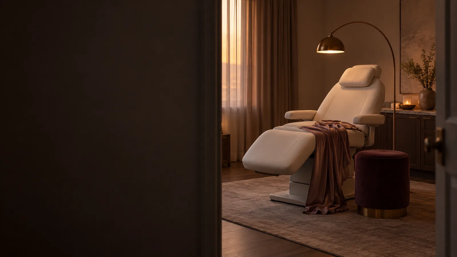 Dim treatment room seen through a doorway, with a cream reclining chair, an arched floor lamp, and a velvet stool.