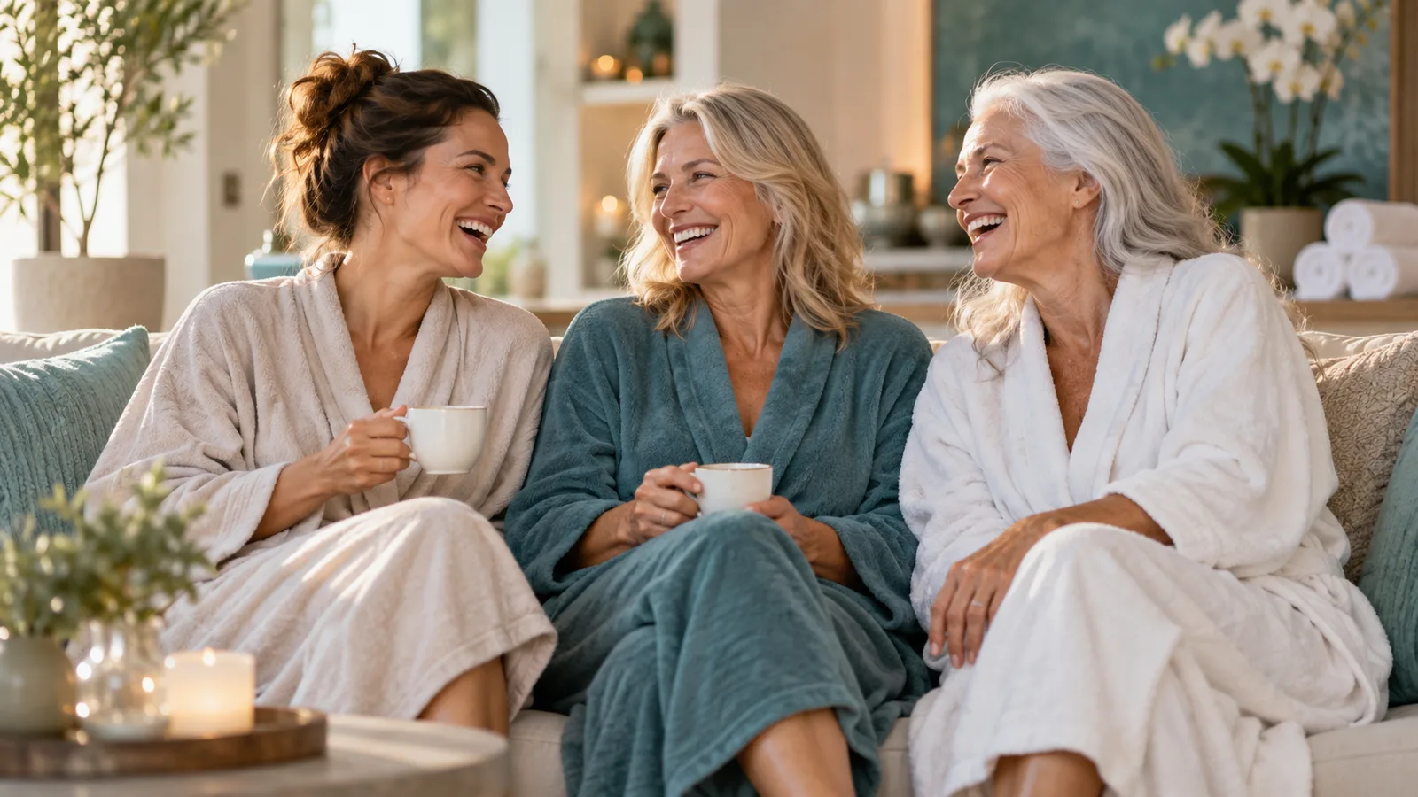 Three women of different ages in bathrobes laugh together on a sofa, two of them holding mugs.