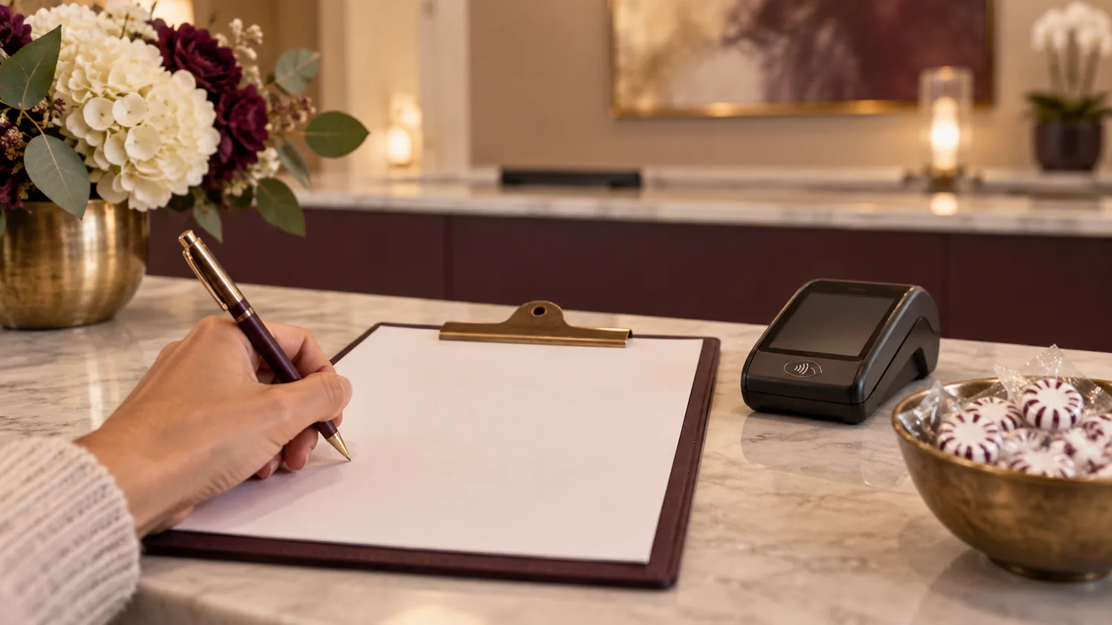 A hand signs a blank form on a clipboard at a marble front desk beside a card reader and a bowl of mints.
