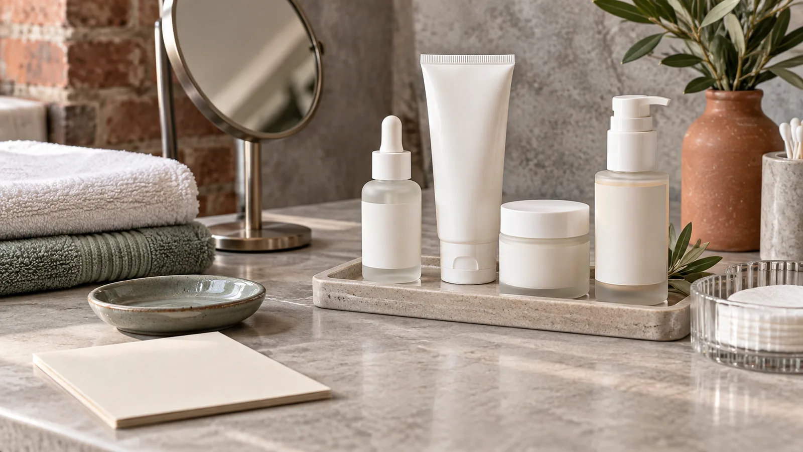 White skincare tubes, a jar, and pump bottles on a stone tray beside folded towels and a round mirror.